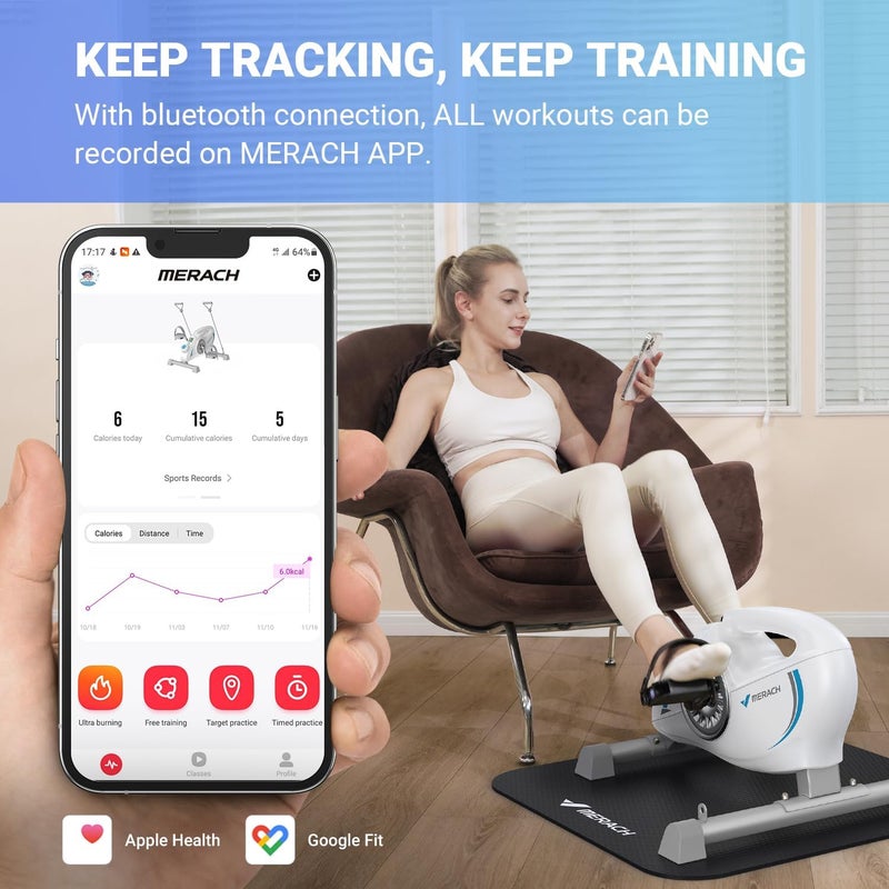 Merach Under Desk Bike Pedal Exerciser, Quiet Magnetic Mini Exercise Bike with App for Arm, Leg Recovery, Physical Therapy, Smooth Foot Desk Cycle with 2 Resistance Bands & Non-Slip Mat - Image 4